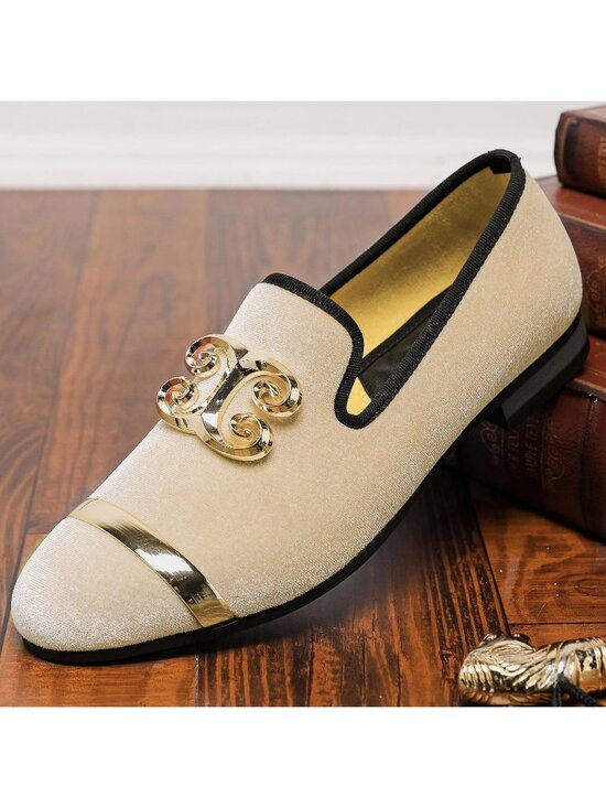 FQEQNQG Men\'s Beige Velvet Loafers Gold Ornate Buckle Penny Slip On Casual Shoes